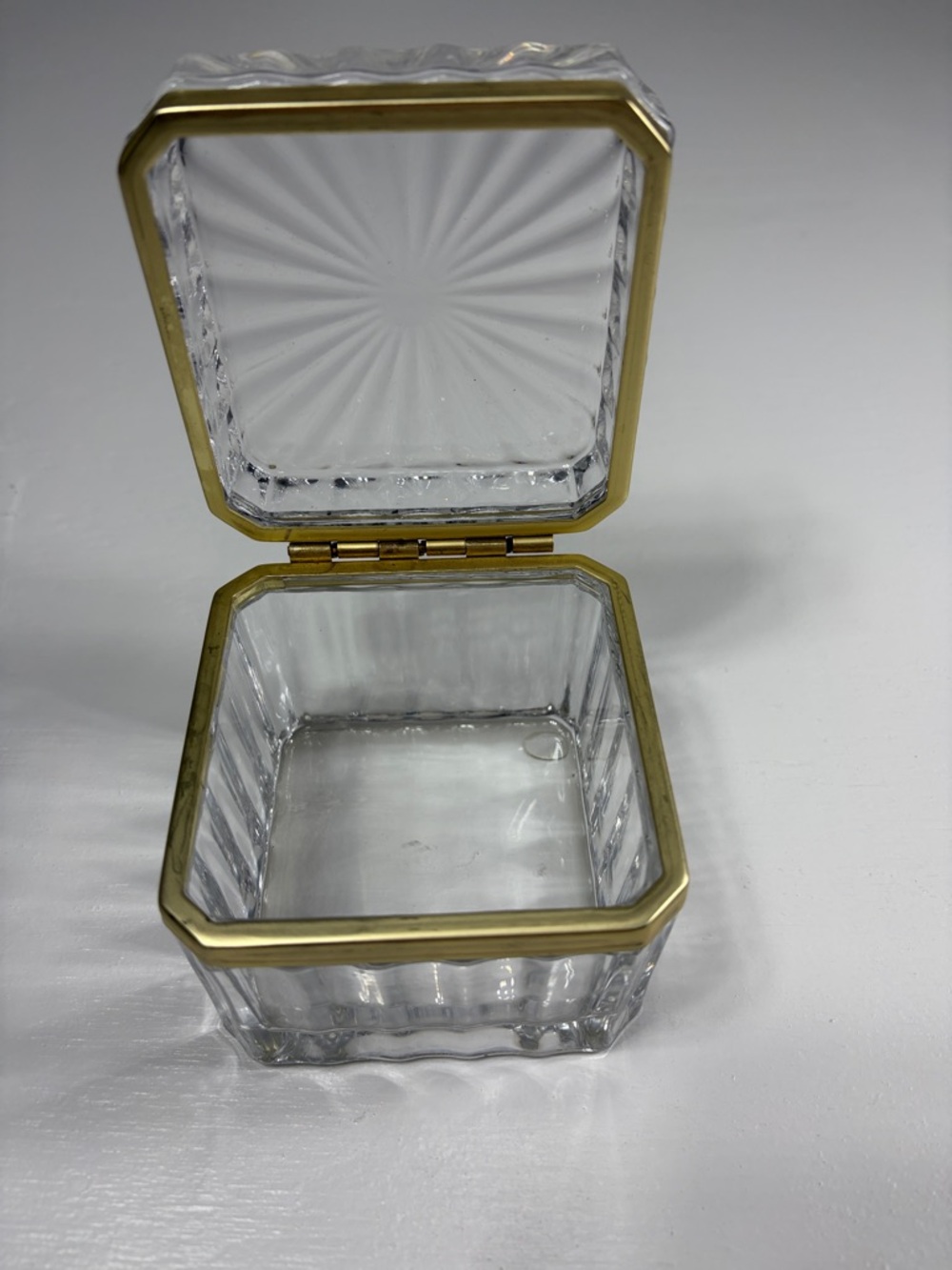 Vintage crystal jewelry casket with brass hinge 3 1/2 in. Square trinket box